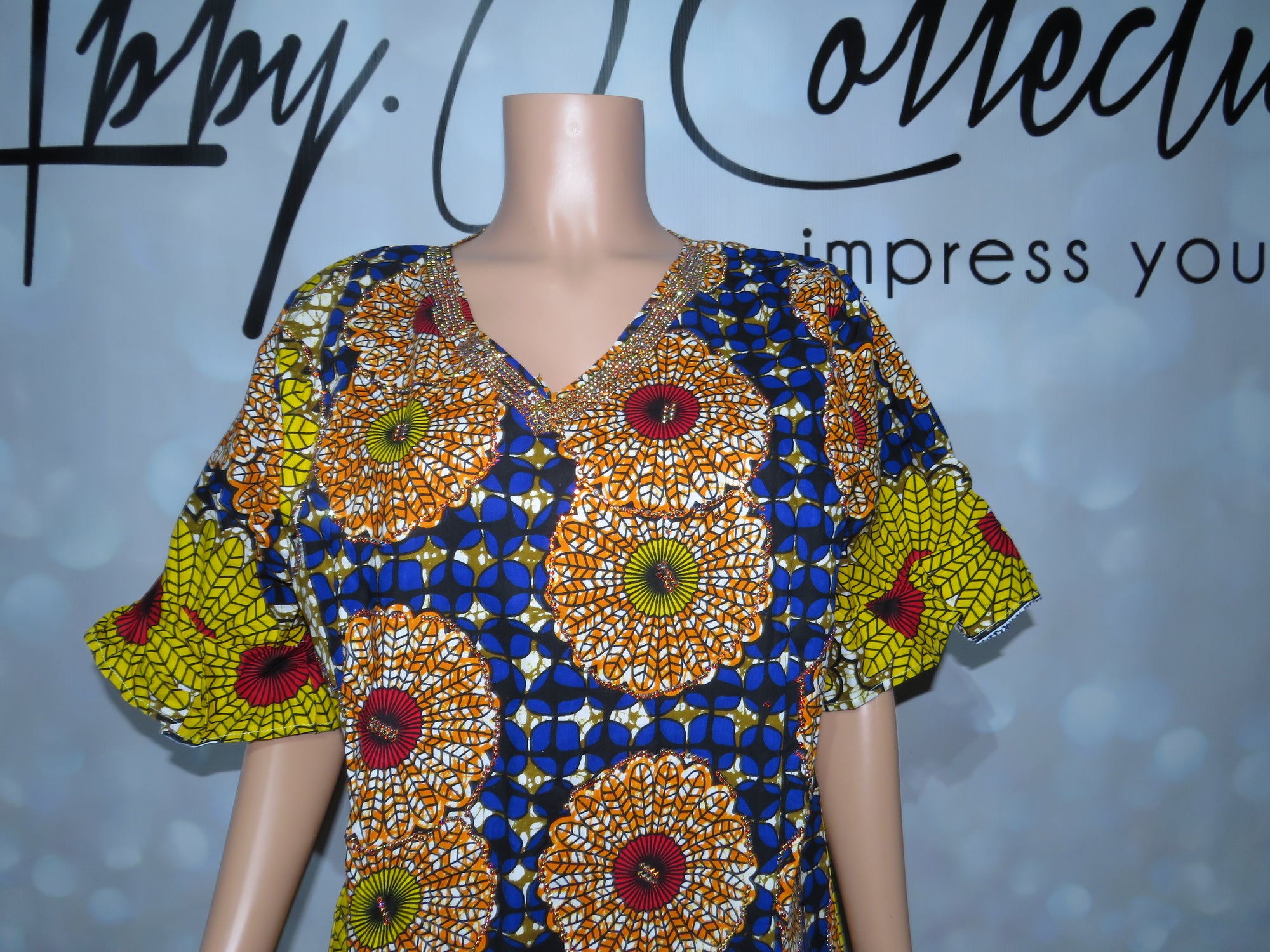 Fully Stoned Ankara kaftan/Boubou Gown (Blue/yellow)